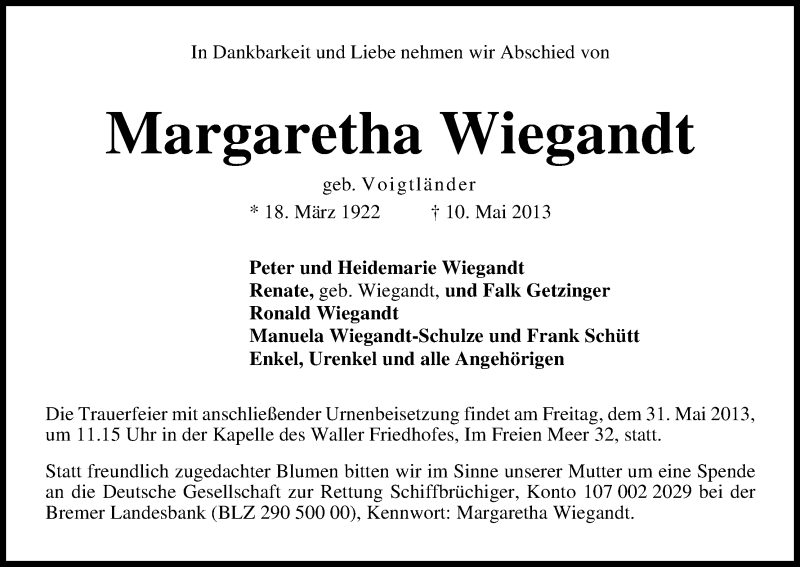 Traueranzeige von Margaretha Wiegandt von WESER-KURIER