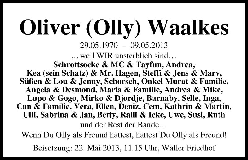  Traueranzeige für Oliver Waalkes vom 18.05.2013 aus WESER-KURIER