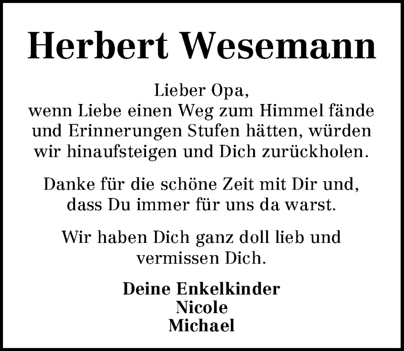 Traueranzeige von Herbert Wesemann von WESER-KURIER