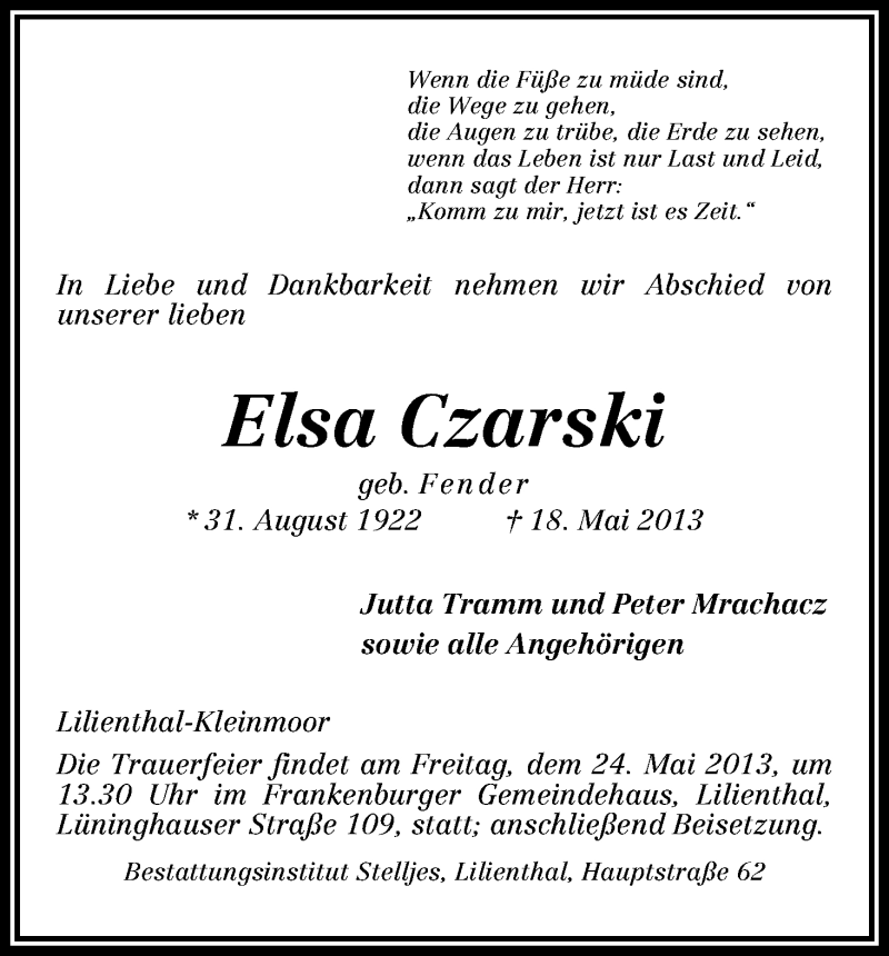  Traueranzeige für Elsa Czarski vom 22.05.2013 aus WESER-KURIER