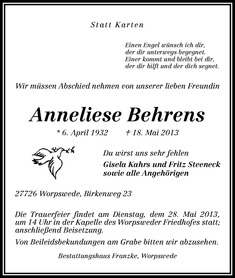 Traueranzeige für Anneliese Behrens vom 22.05.2013 aus WESER-KURIER