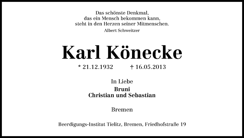  Traueranzeige für Karl Könecke vom 22.05.2013 aus WESER-KURIER