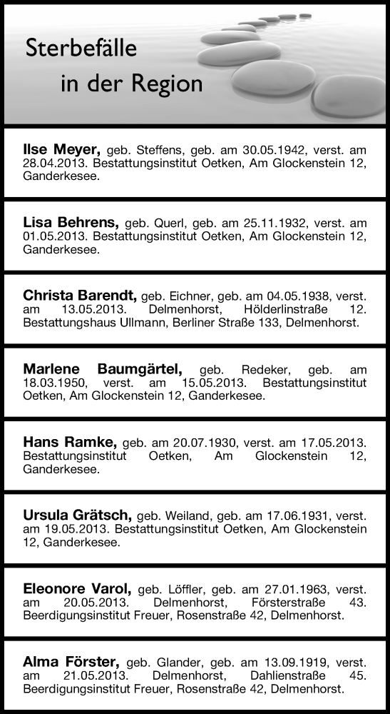 Traueranzeige von Sterbefälle vom 23.05.2013 von WESER-KURIER