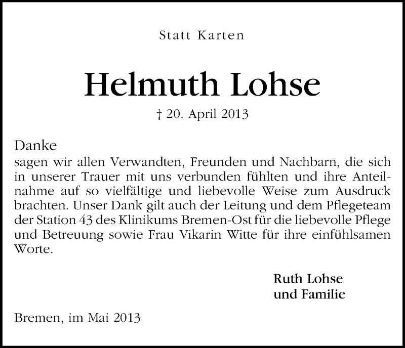 Traueranzeige von Helmuth Lohse von WESER-KURIER