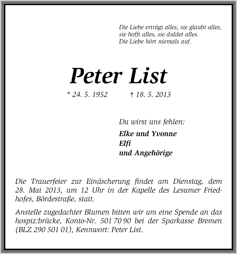  Traueranzeige für Peter List vom 23.05.2013 aus WESER-KURIER