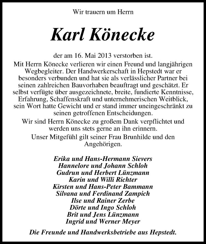  Traueranzeige für Karl Könecke vom 23.05.2013 aus WESER-KURIER