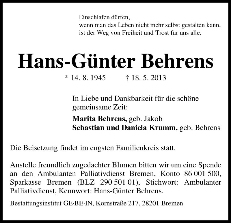 Traueranzeige von Hans-Günter Behrens von WESER-KURIER
