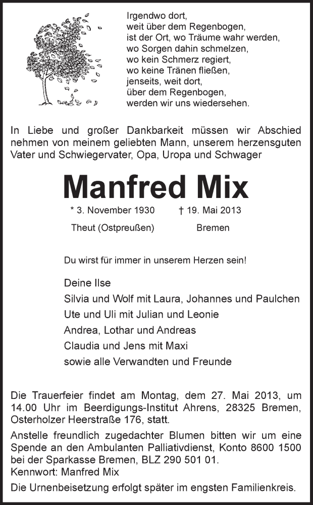  Traueranzeige für Manfred Mix vom 25.05.2013 aus WESER-KURIER