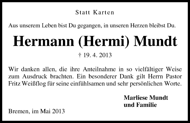 Traueranzeige von Hermann Mundt von WESER-KURIER
