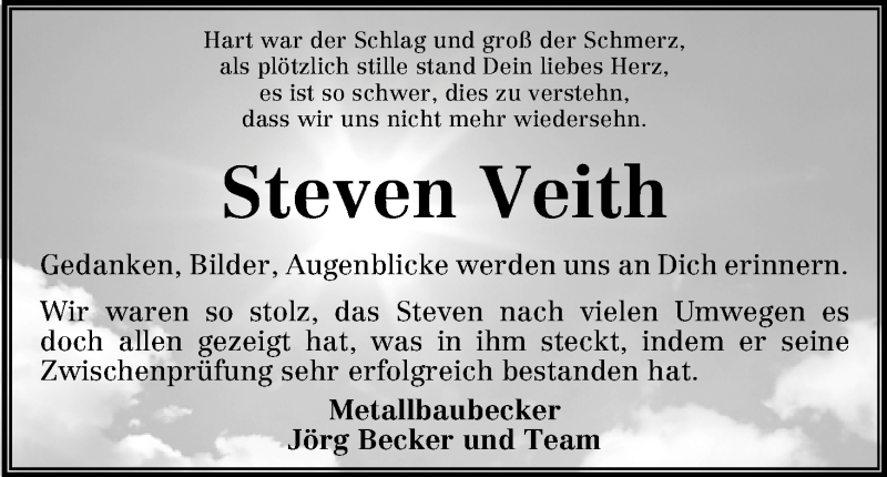  Traueranzeige für Steven Veith vom 25.05.2013 aus WESER-KURIER