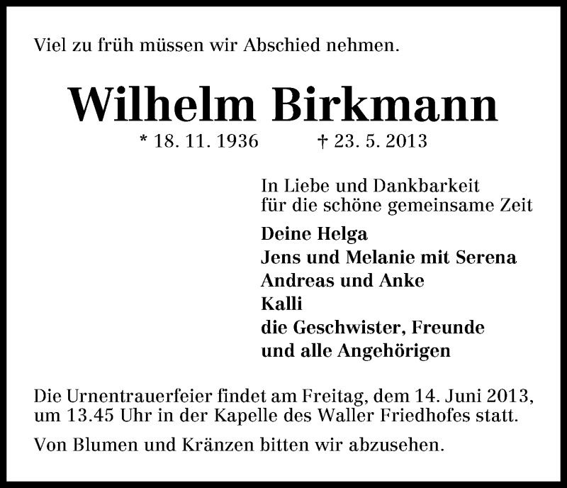 Traueranzeige von Wilhelm Birkmann von WESER-KURIER