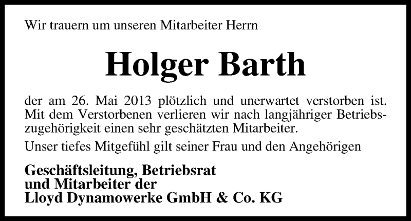  Traueranzeige für Holger Barth vom 28.05.2013 aus WESER-KURIER