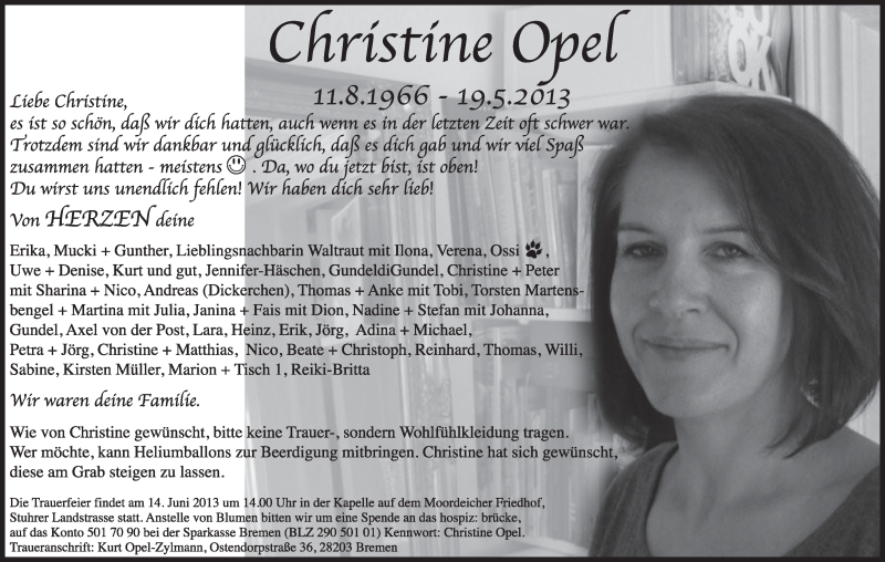  Traueranzeige für Christine Opel vom 01.06.2013 aus WESER-KURIER