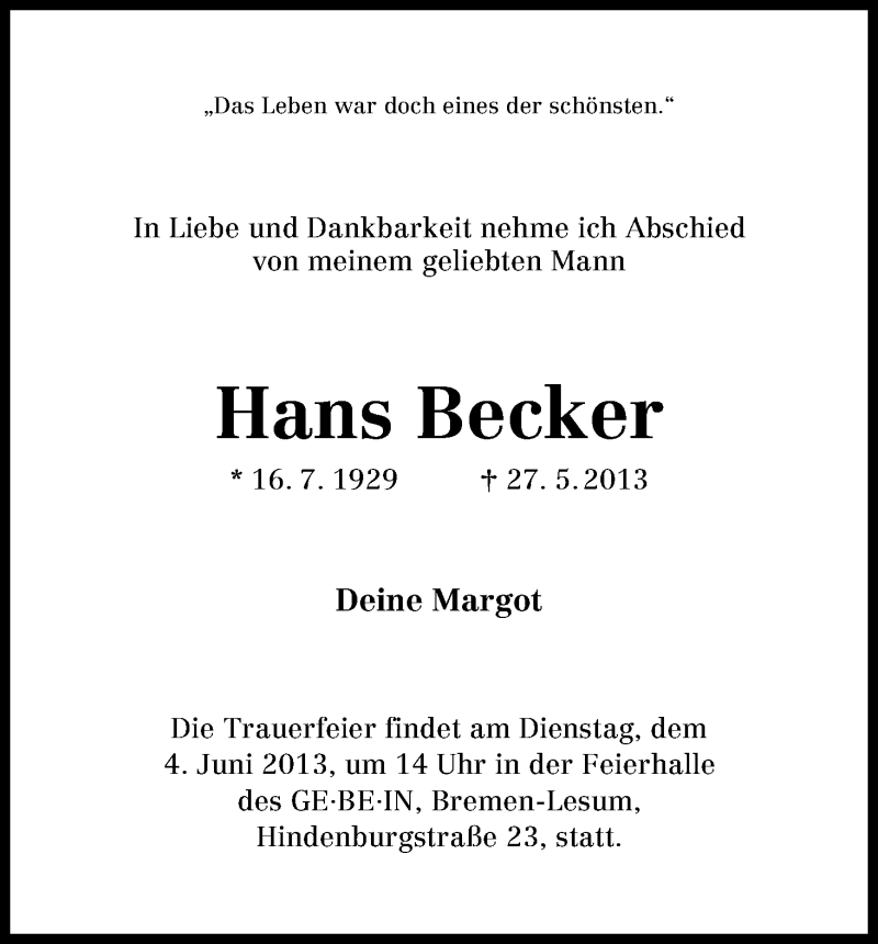 Traueranzeige von Hans Becker von WESER-KURIER