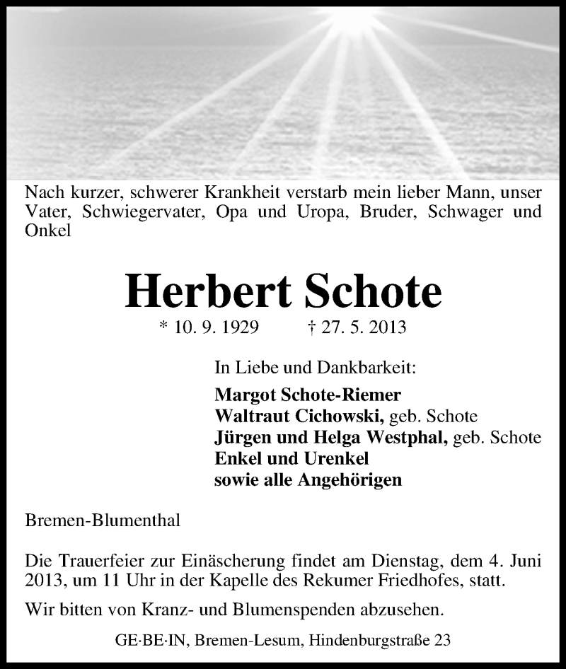 Traueranzeige von Herbert Schote von WESER-KURIER