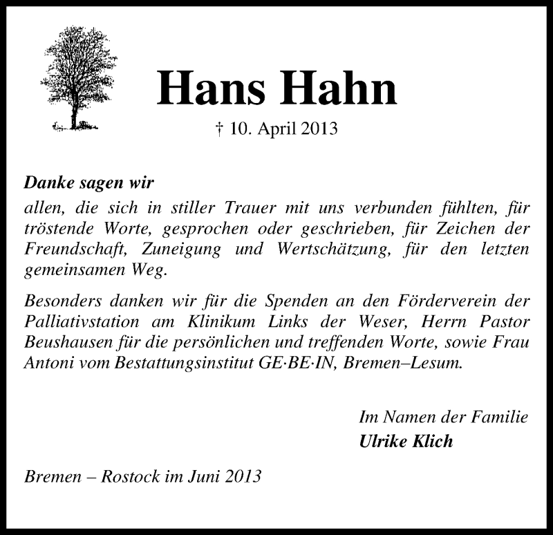 Traueranzeige von Hans Hahn von WESER-KURIER