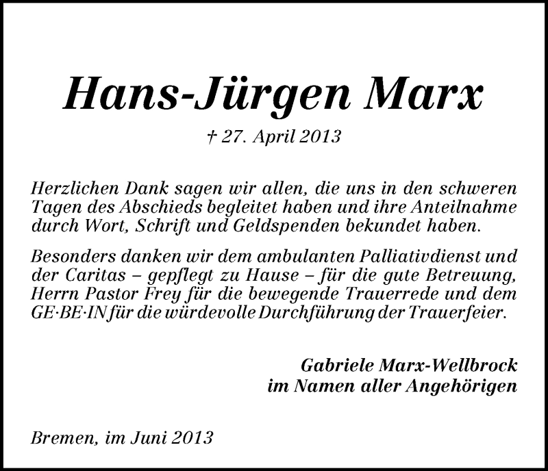 Traueranzeige von Hans-Jürgen Marx von WESER-KURIER