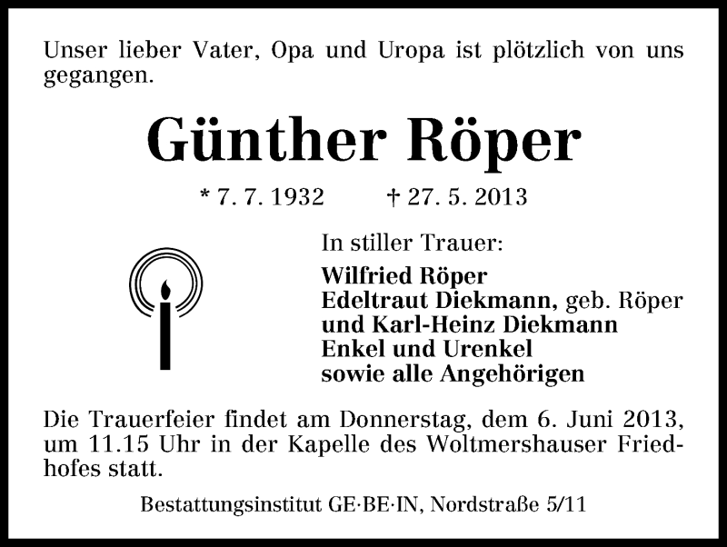 Traueranzeige von Günther Röper von WESER-KURIER