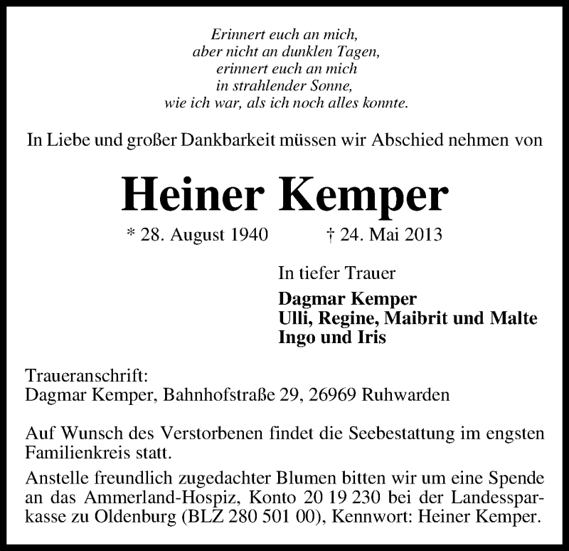  Traueranzeige für Heiner Kemper vom 01.06.2013 aus WESER-KURIER