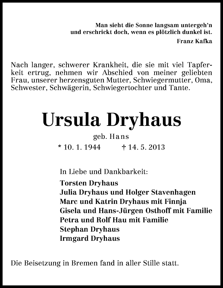  Traueranzeige für Ursula Dryhaus vom 01.06.2013 aus WESER-KURIER