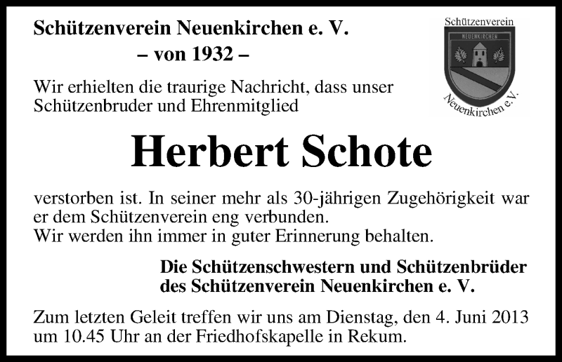 Traueranzeige von Herbert Schote von WESER-KURIER