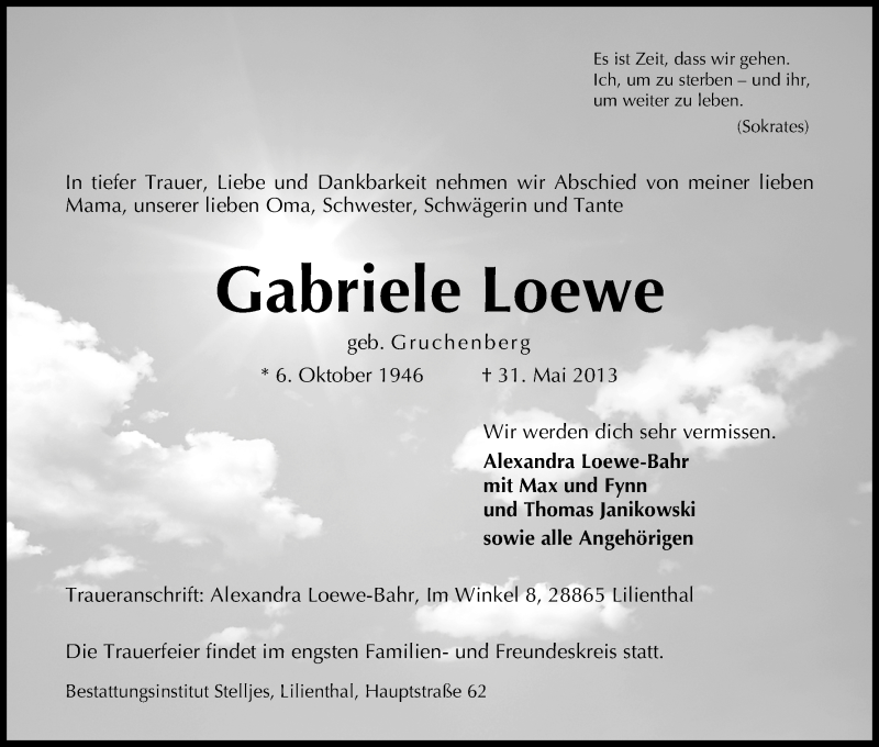 Traueranzeige von Gabriele Loewe von WESER-KURIER