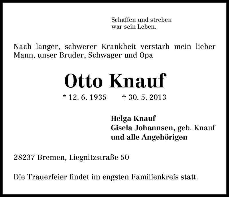 Traueranzeige von Otto Knauf von WESER-KURIER