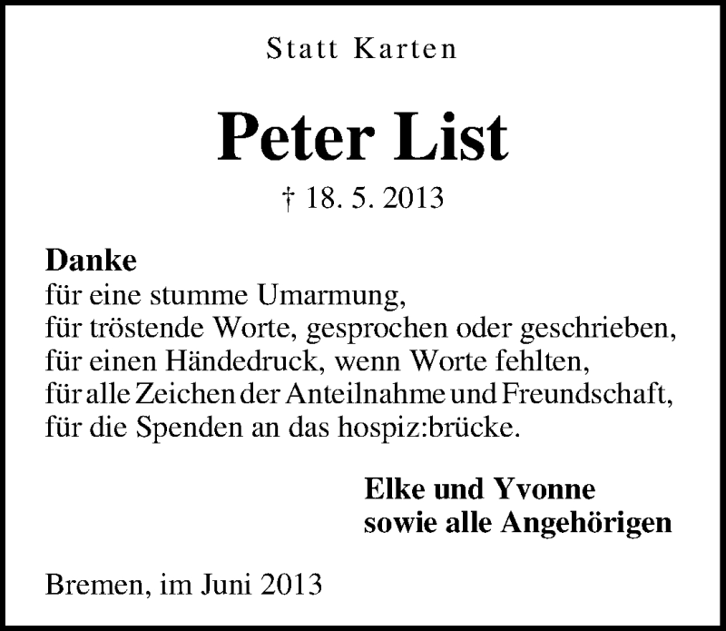  Traueranzeige für Peter List vom 08.06.2013 aus WESER-KURIER