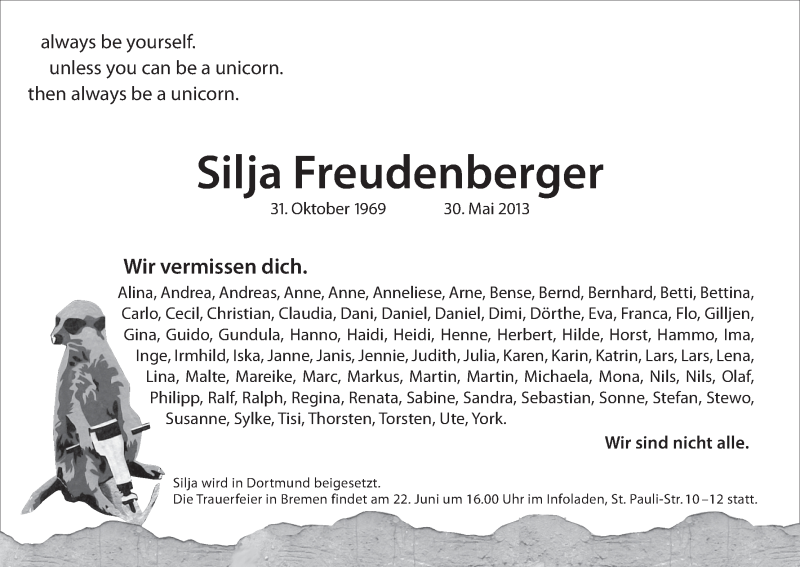  Traueranzeige für Silja Freudenberger vom 04.06.2013 aus WESER-KURIER