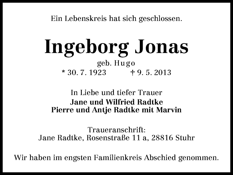 Traueranzeige von Ingeborg Jonas von WESER-KURIER