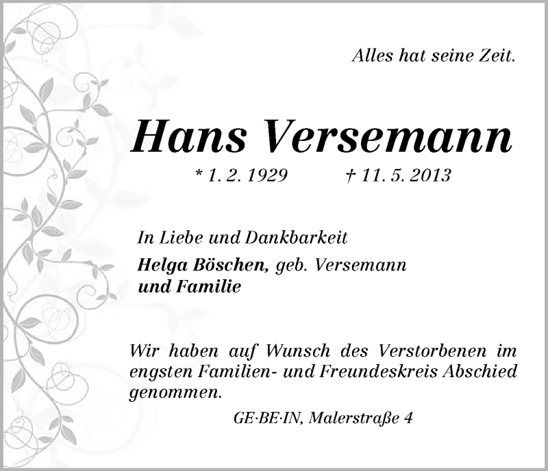 Traueranzeige von Hans Versemann von WESER-KURIER