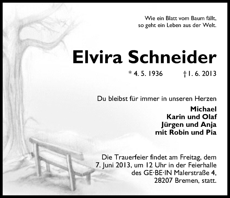 Traueranzeige von Elvira Schneider von WESER-KURIER