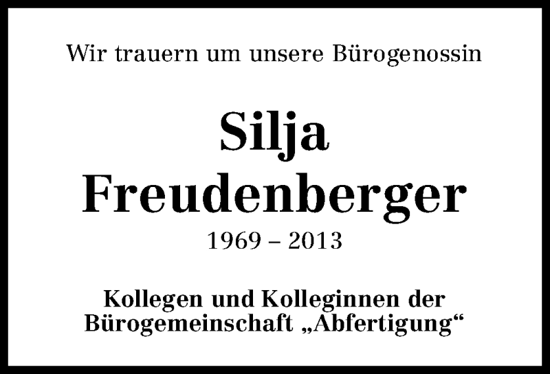  Traueranzeige für Silja Freudenberger vom 04.06.2013 aus WESER-KURIER