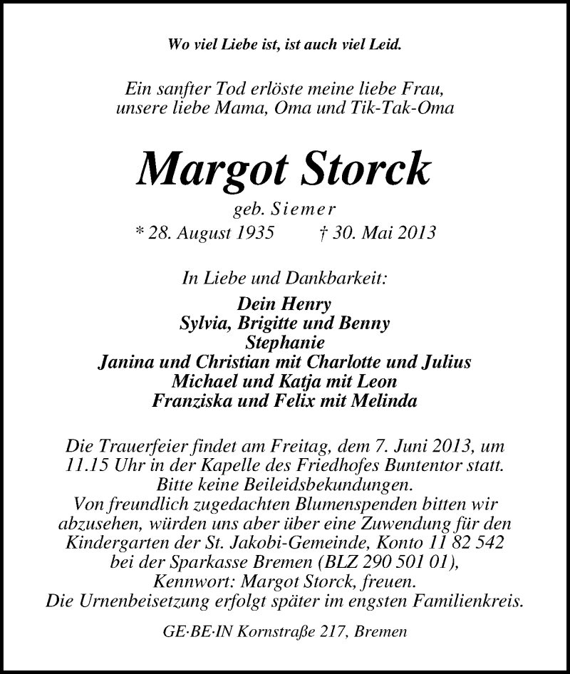 Traueranzeige von Margot Storck von WESER-KURIER