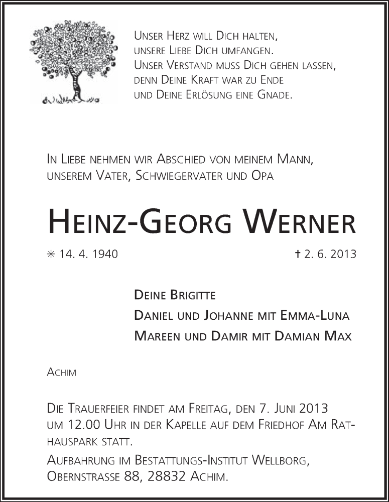 Traueranzeige von Heinz-Georg Werner von WESER-KURIER