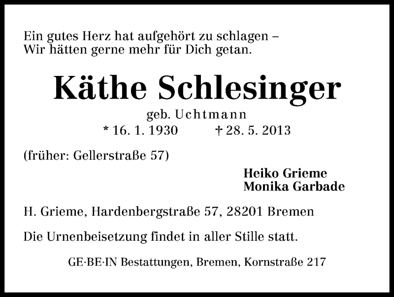 Traueranzeige von Käthe Schlesinger von WESER-KURIER