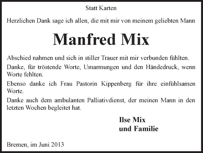  Traueranzeige für Manfred Mix vom 05.06.2013 aus WESER-KURIER