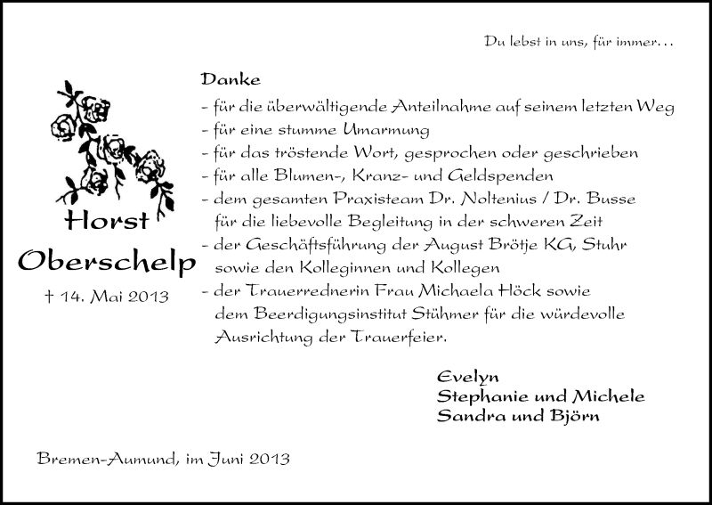  Traueranzeige für Horst Oberschelp vom 05.06.2013 aus WESER-KURIER