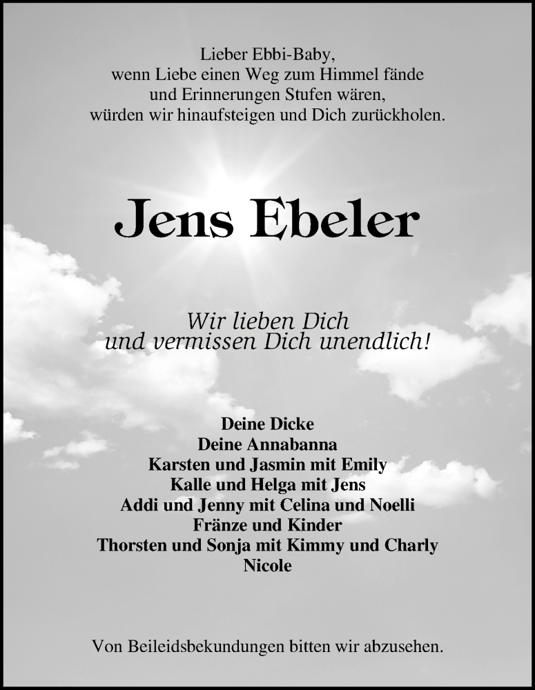  Traueranzeige für Jens Ebeler vom 08.06.2013 aus WESER-KURIER