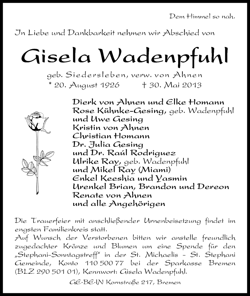 Traueranzeige von Gisela Wadenpfuhl von WESER-KURIER