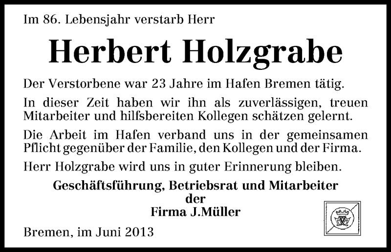 Traueranzeige von Herbert Holzgrabe von WESER-KURIER
