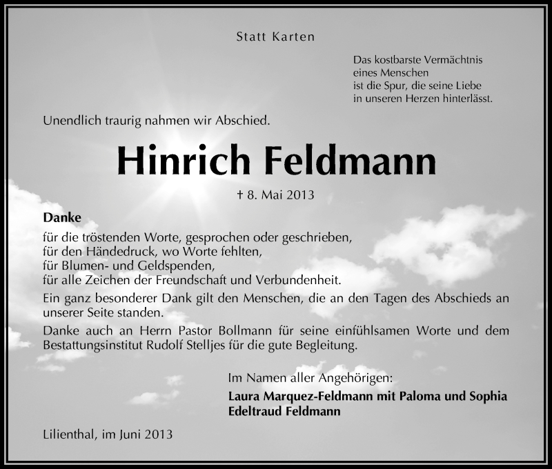  Traueranzeige für Hinrich Feldmann vom 08.06.2013 aus WESER-KURIER