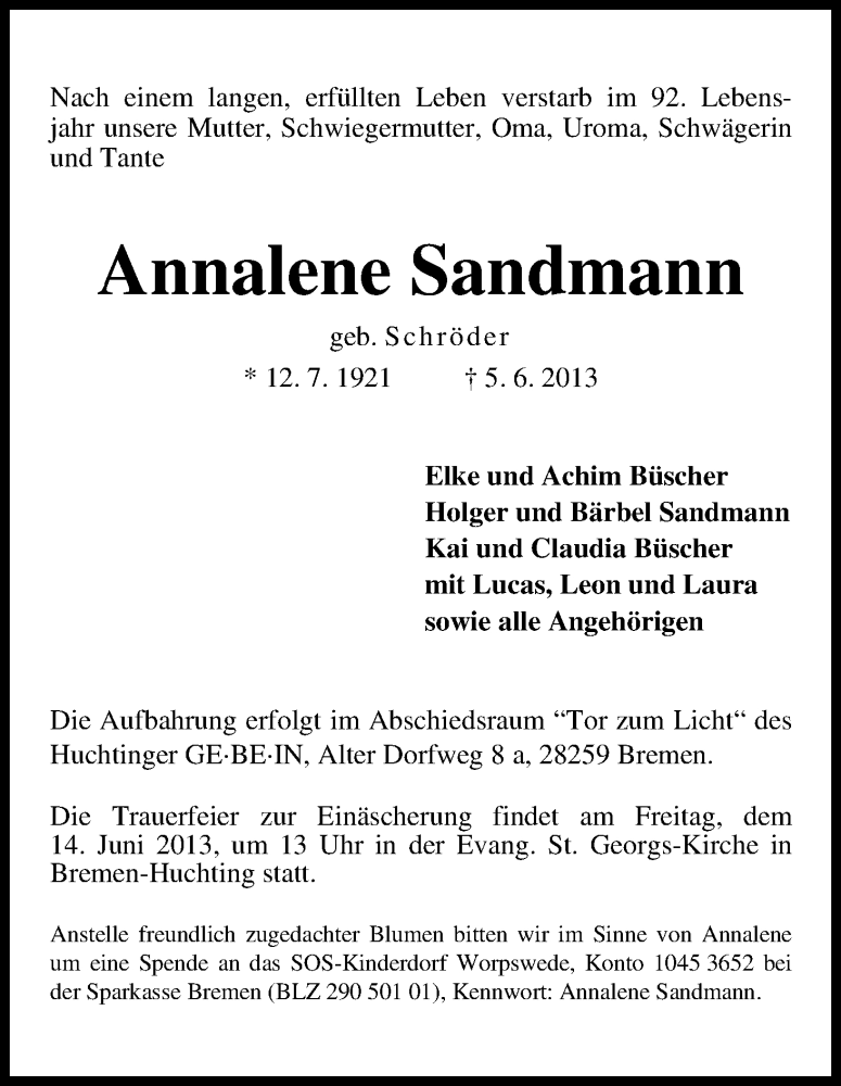 Traueranzeige von Annalene Sandmann von WESER-KURIER