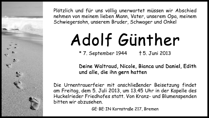 Traueranzeige von Adolf Günther von WESER-KURIER
