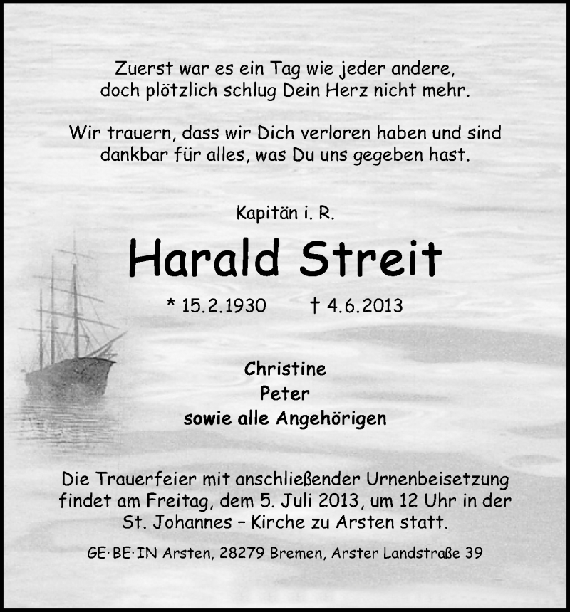 Traueranzeige von Harald Streit von WESER-KURIER
