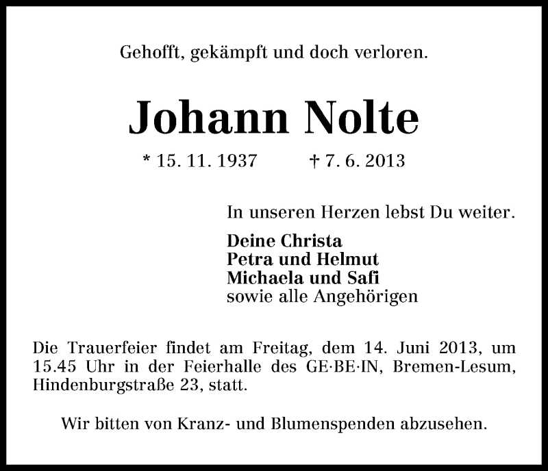 Traueranzeige von Johann Nolte von WESER-KURIER
