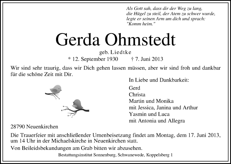 Traueranzeige von Gerda Ohmstedt von WESER-KURIER