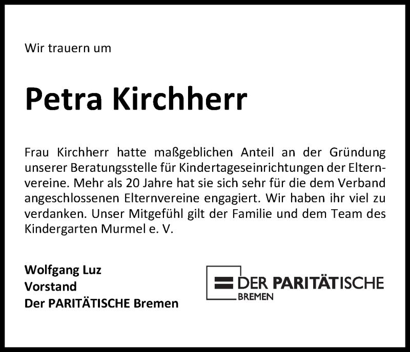  Traueranzeige für Petra Kirchherr vom 15.06.2013 aus WESER-KURIER