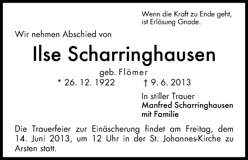 Traueranzeige von Ilse Scharringhausen von WESER-KURIER