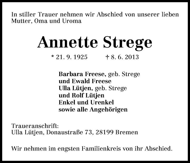 Traueranzeigen Von Annette Strege Trauer And Gedenken